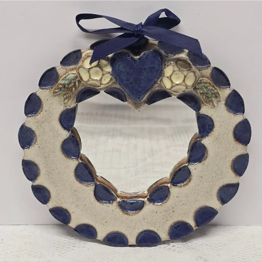 Vintage Pottery Mirror Stoneware Heart Handcrafted Wall Art Boho Decor Romantic